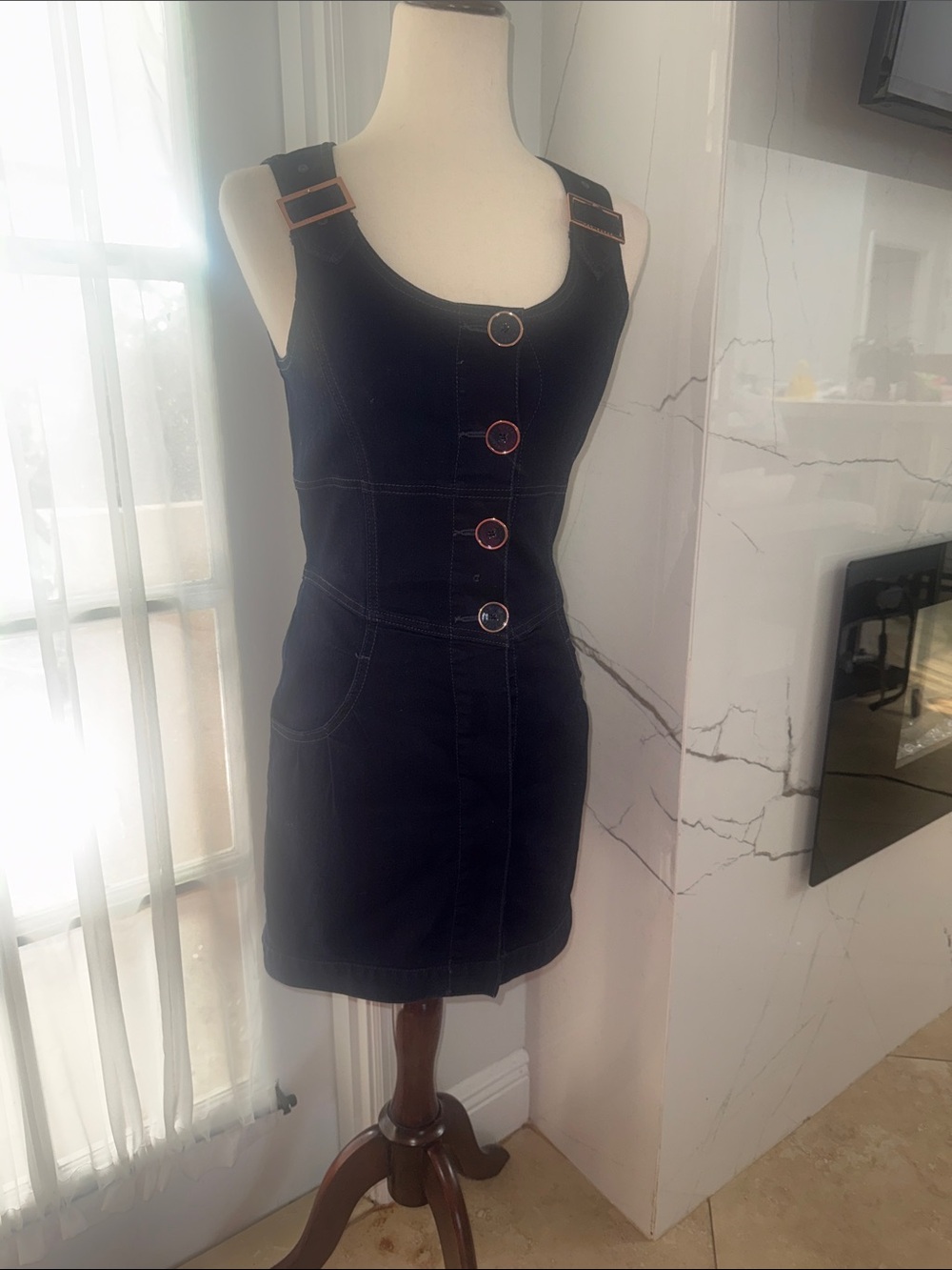 Ted Baker Black Tank Denim Mini Dress with Gold Buckle Accents stretchy